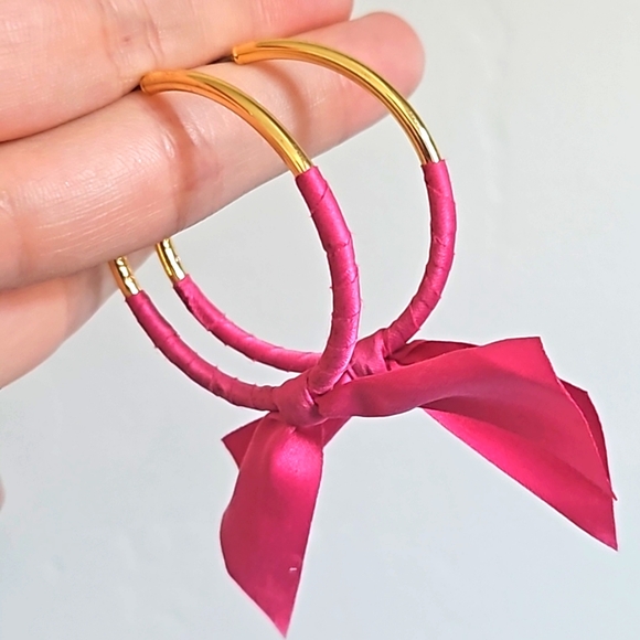 Gold hoops with Pink Ribbon JCrew Earrings - Picture 1 of 4